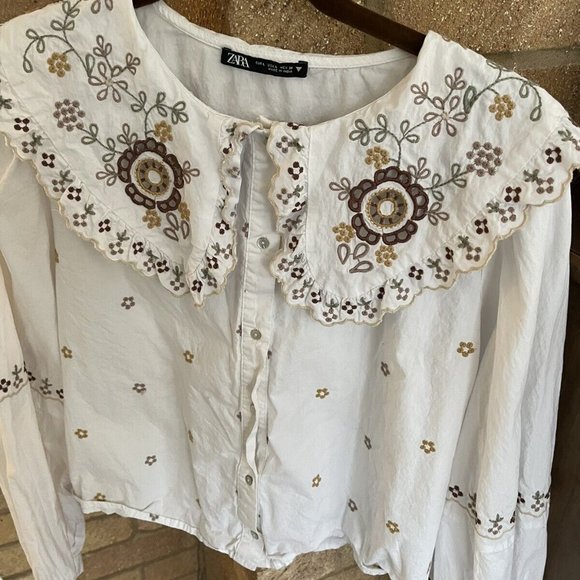 Zara Embroidered Broderie Large Collar White Long Sleeve blouse Large - Picture 3 of 3